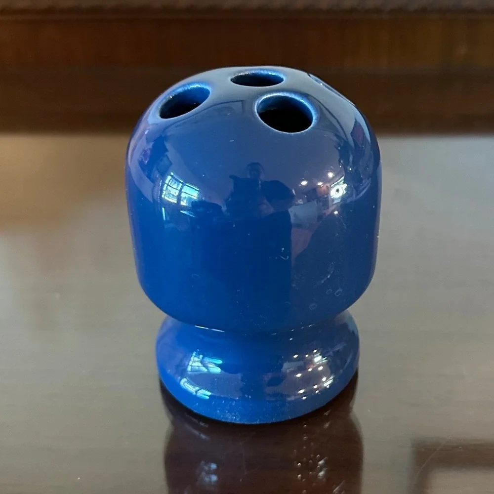 Cobalt Blue Ceramic Toothbrush Holder 5 Slot Vanity Organizer Pedestal Base